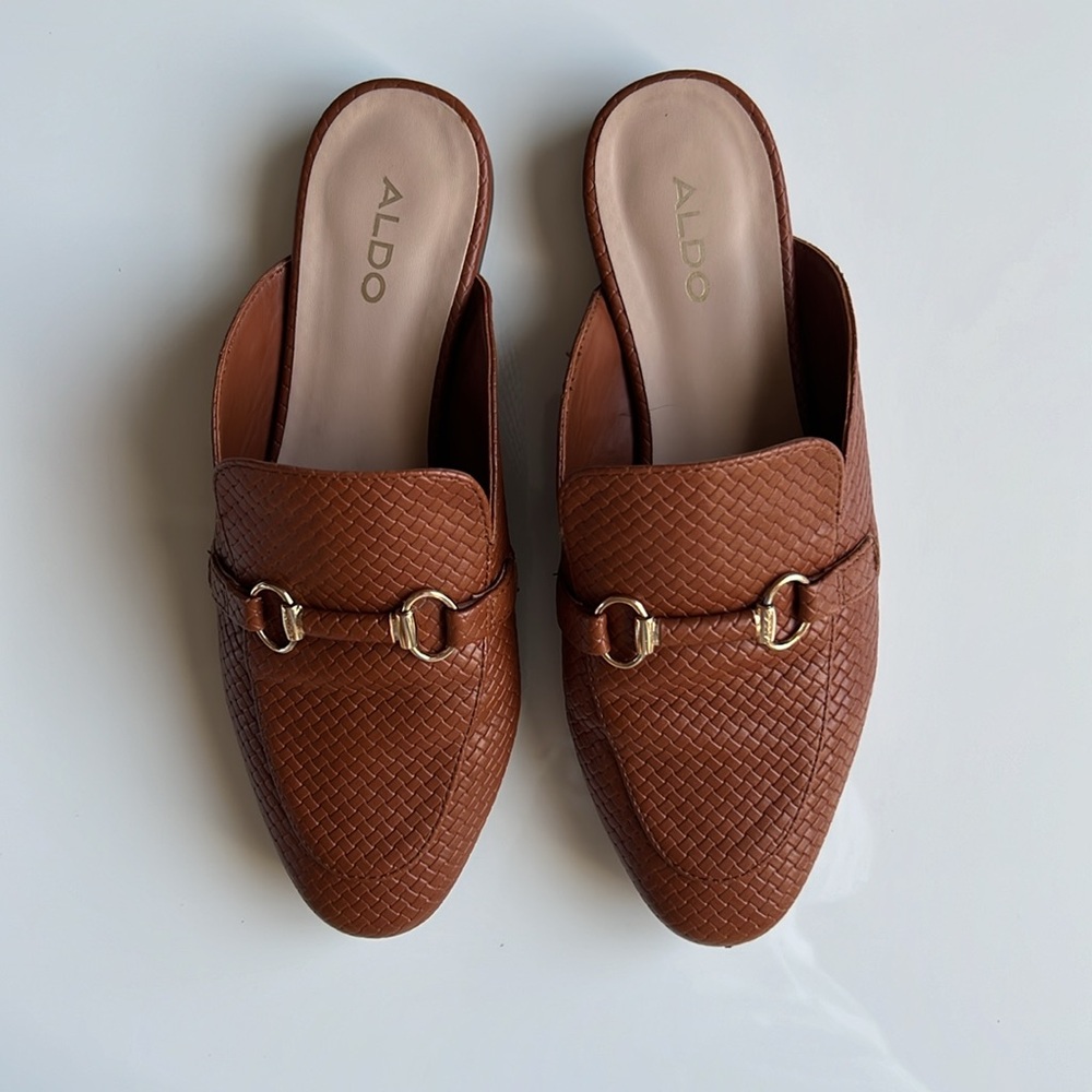 Aldo  slip-on mules, backless loafers, woven pattern buckle details